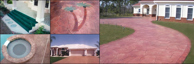 Decorative concrete stained, stamped, colored, and painted cement. Fort Walton Beach, Destin, Niceville, Crestview, Florida Repair driveways, enhance patios and pool decks.